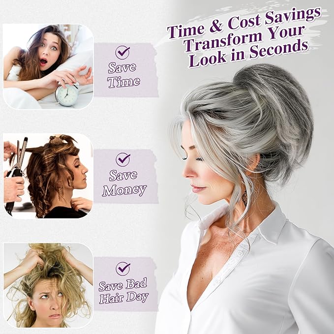 BARSDAR Claw Clip Short Human Hair Ponytail Extension - DIY Styles 8 Inch Real Human Hair Gray Messy Bun Hairpieces for Women - Thick Natural Short Ponytail with Bendable Metals Daily Wear