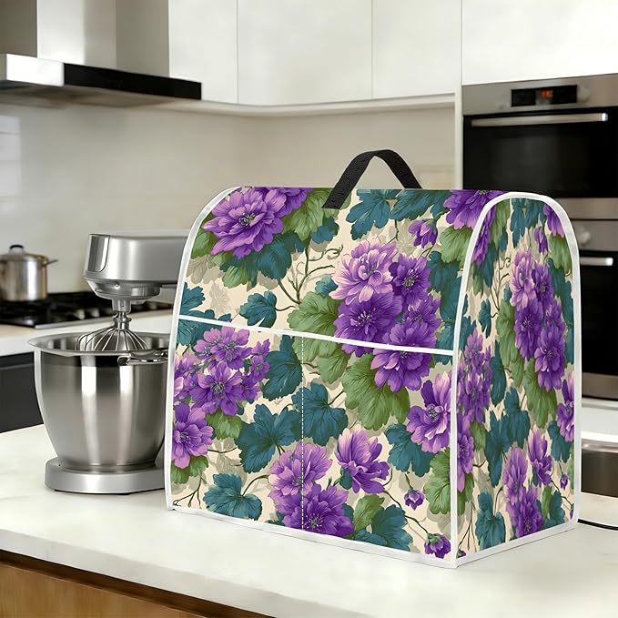Stand mixer cover with handle and storage bag, reusable and washable, stylish retro floral design, keeps kitchen countertops clean and tidy (fits 6-8 quart mixers).