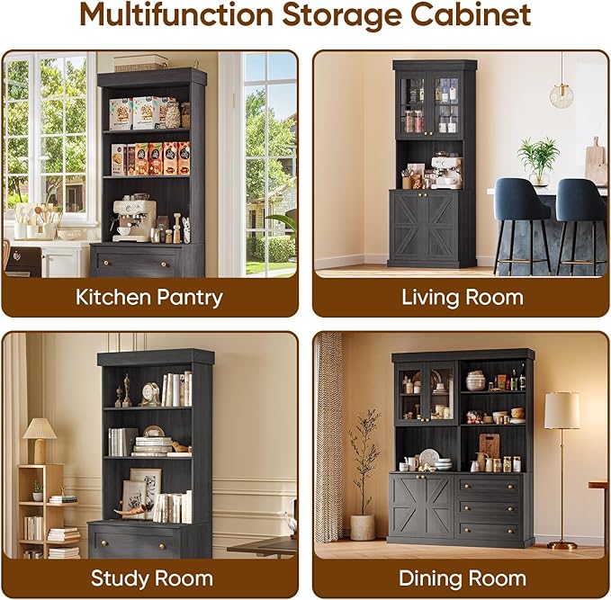 71" Tall Farmhouse Kitchen Pantry, Large Storage Cabinet with Drawers, Freestanding Coffee Bar Hutch with Microwave Stand, Adjustable Shelves for Kitchen, Living Room, Black