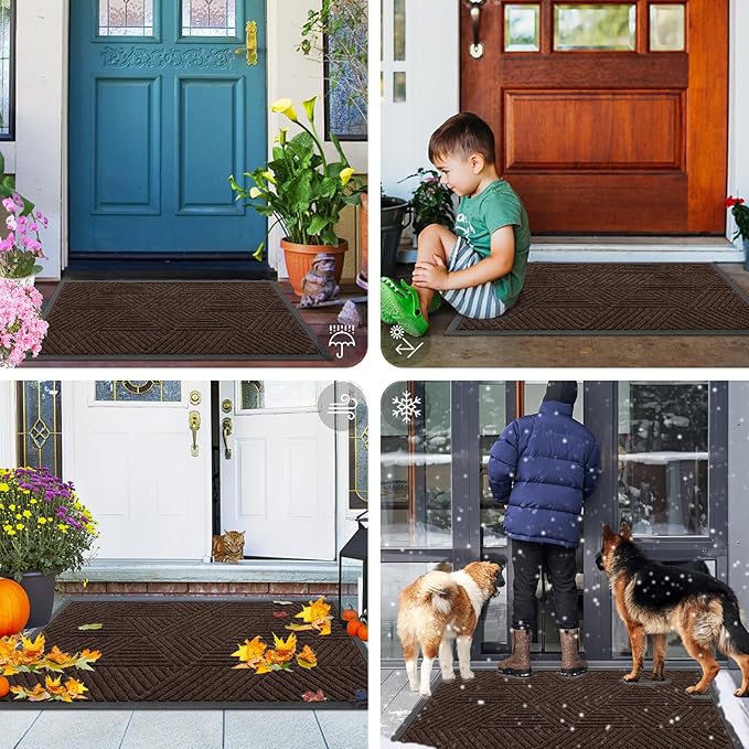 Smiry Front Door Mat Outside Entrance, Heavy Duty Sturdy Natural Rubber Doormat, Trap Dirt and Moisture, Easy Clean Low Profile Mats for Indoor Outdoor Entry, Irregular Triangle (29.5x17, Dark Brown)