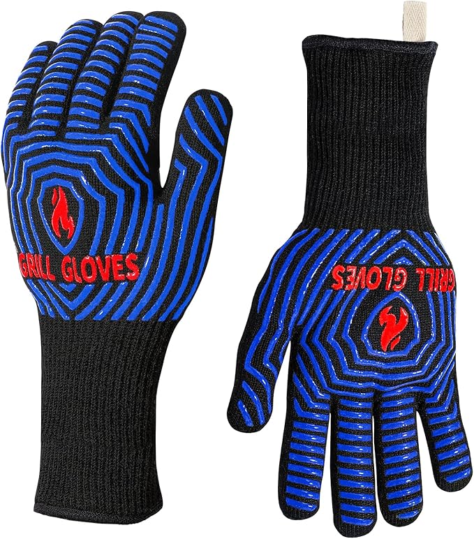 QUWIN BBQ Gloves, Oven Gloves 1472℉ Extreme Heat Resistant, Grilling Gloves Silicone Non-Slip Oven Mitts, Kitchen Gloves for BBQ, Grilling, Cooking, Baking-1 Pair… (Black Blue, One SizeLong Cuff