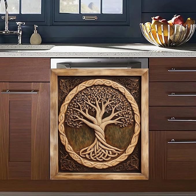 Wood Tree of Life Dishwasher Magnet Cover Skin Panel Decal, 3D Wood Sculpture Tree of Life Refrigerator Magnet Door Cover Vinyl Dishwasher Sticker - 23" W x 26" H Magnetic
