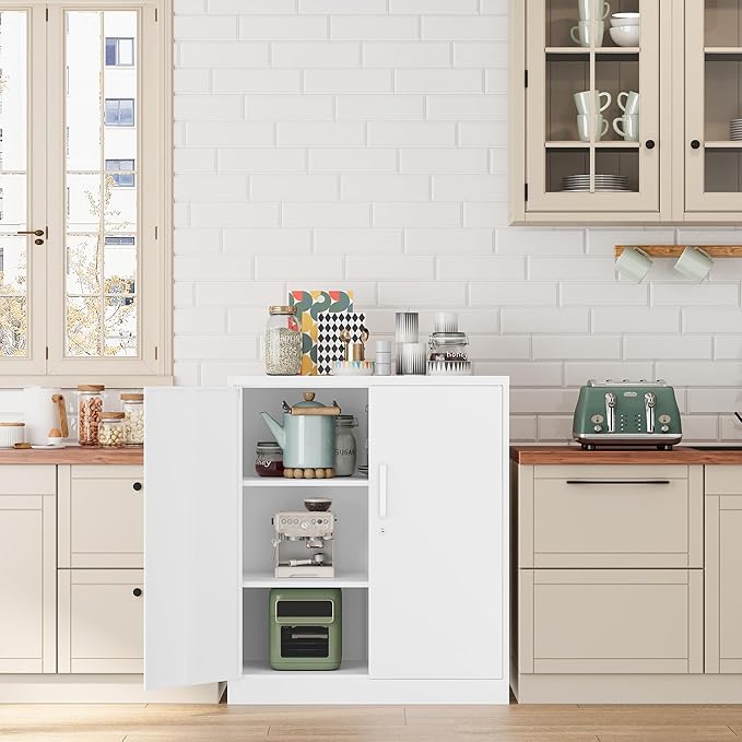 Metal Storage Cabinet-36” Tall Steel File Cabinet with Lockable Doors and Adjustable Shelves-White Steel Storage Cabinet for Home, School, Office, Garage