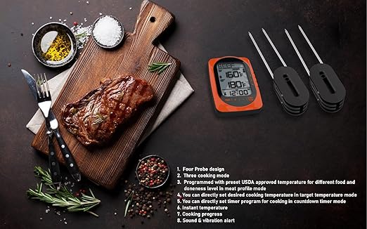 Bluetooth Meat Thermometer Smart Kitchen Thermometers with Timer Mode Temper Mode Digital Instant Read Food ThermometerA Grill Oven Thermometer with 4 Probes for Grill Candy Meat Oven Food Smoker