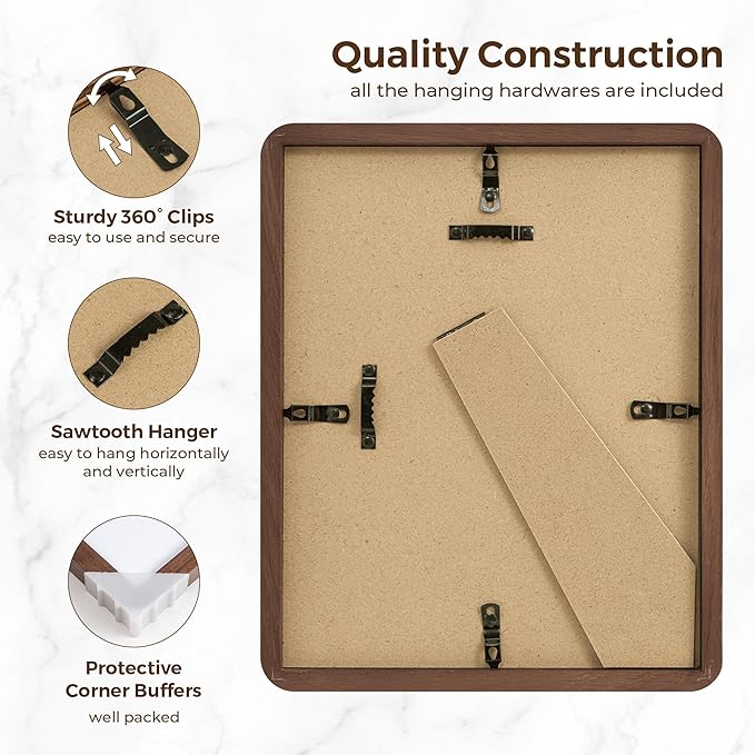 8x10 Picture Frame, Rustic 8 by 10 Photo Frame for Wall & Tabletop Display - Solid Oak Wood & Tempered Glass, 8x10 Picture Frame Matted to 5x7, Wood Collage Frames for Home, Walnut Color, 3 Pack