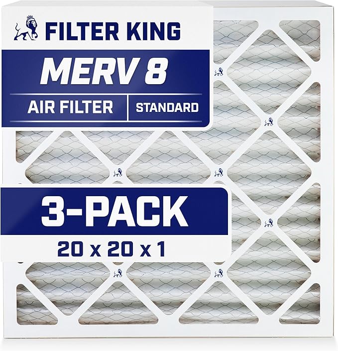 Filter King 20x20x1 Air Filter | 3-PACK | MERV 8 HVAC Pleated A/C Furnace Filters | MADE IN USA | Actual Size: 19.5 x 19.5 x .75"