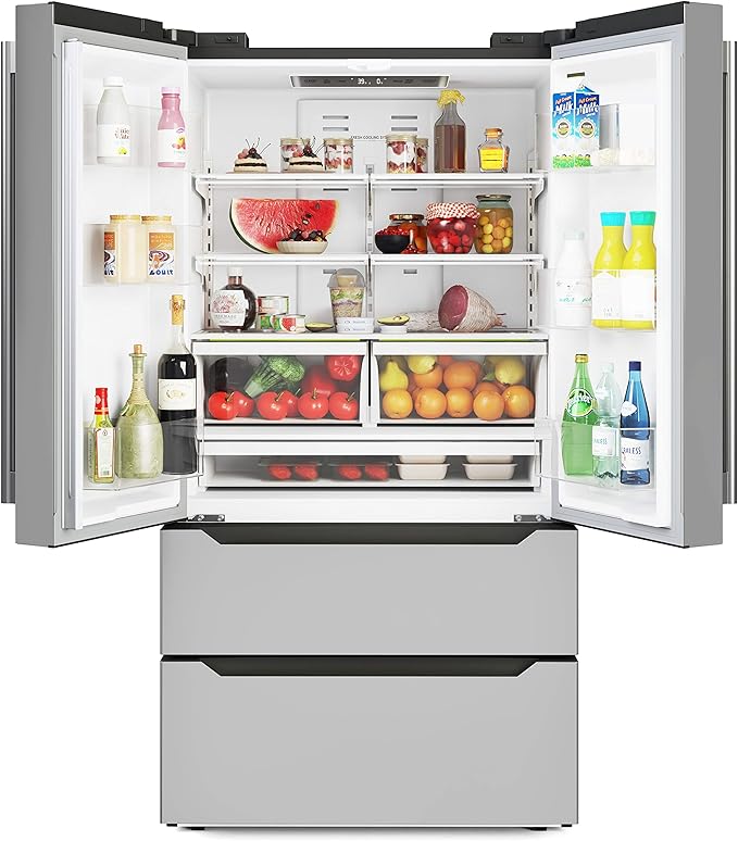 KoolMore Counter Depth French Door Refrigerator with Ice Maker, 4 Door Stainless-Steel Fridge - 22.5 Cu.Ft