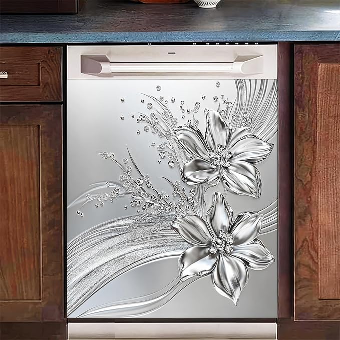 Flowers Dishwasher Magnet Cover 23x26 Inch Silver Floral Refrigerator Sticker Washer Kitchen Decor Floral Magnets Kitchen Decorative Sticker Refrigerator Magnets Decor Appliance Panel