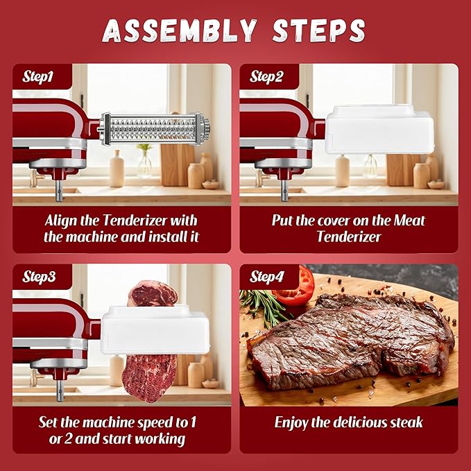 Meat Tenderizer Attachment for KitchenAid Stand Mixer, 2-in-1 Kit with 48 Blades & Handheld Tool, Professional Meat Cuber & Mallet for Steak, Beef, Chicken, Easy to Use & Clean, Dishwasher Safe
