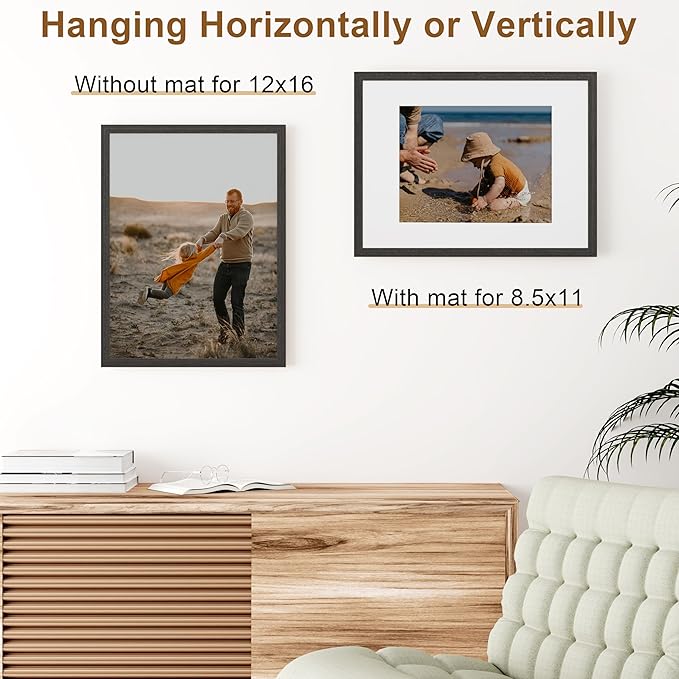 Vittanly 12x16 Picture Frame, Solid Wood Frame with Plexiglass, Includes 8.5x11 Mat, Wall Hanging for Photos, Home Decor, Black, 1 Pack