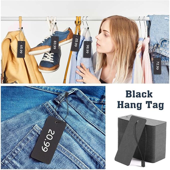 300 Set Black Price Tags with String Clothing Tags with Safety Pins Black Paper Hang Tag for Christmas Gift Clothes Crafts Display Stocking Stuffers