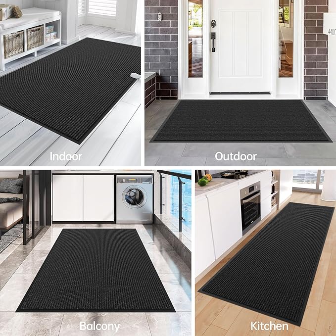 Front Door Mat, 4' x 2' Heavy Duty Indoor Outdoor Door Mat Entrance, Commercial Welcome Mats, Stain and Fade Resistant, Durable Rubber Backing, Low Profile Entry Mat for Patio, Black Stripe