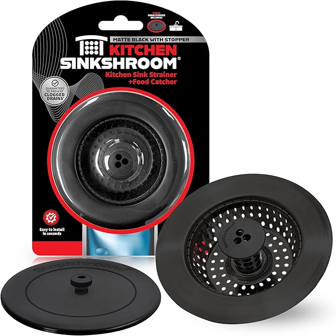 Kitchen SinkShroom Clog-Free Kitchen Sink Drain Strainer with Stopper - Sink Protector for Kitchen Sink, Stainless Steel, Matte Black