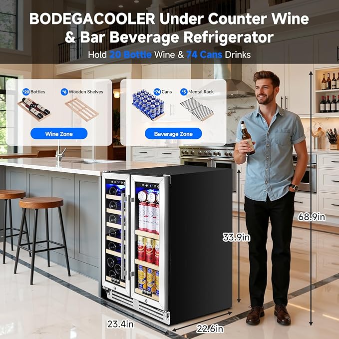 BODEGACOOLER Wine and Beverage Refrigerator, 24 Inch Under Counter Commercial Beverage Refrigerator, Large Capacity Back Bar Cooler With 2 Glass Doors,LED Lighting for Beer,Soda,Wine,4.1 Cu.Ft.,Black.