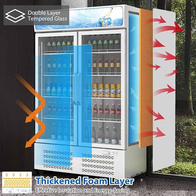 IDEALHOUSE Commercial Refrigerators, 26.8 Cu.Ft Beverage Cooler, Commercial Fridge with Glass Door Display, LED Light Adjustable Shelves Drink Cooler for Restaurant Grocery Store Home, White
