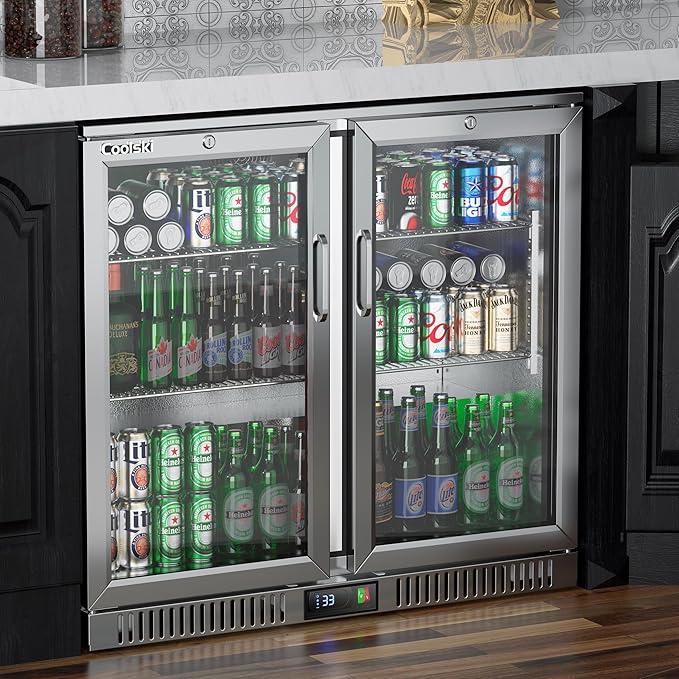 Coolski 36 Inch Back Bar Cooler, Under Counter Beverage Refrigerator with Glass Doors, Commercial Counter Height Display Fridge for Beer Soda, 7.4 Cu.Ft. Capacity/LED Lighting/ETL NSF Approved