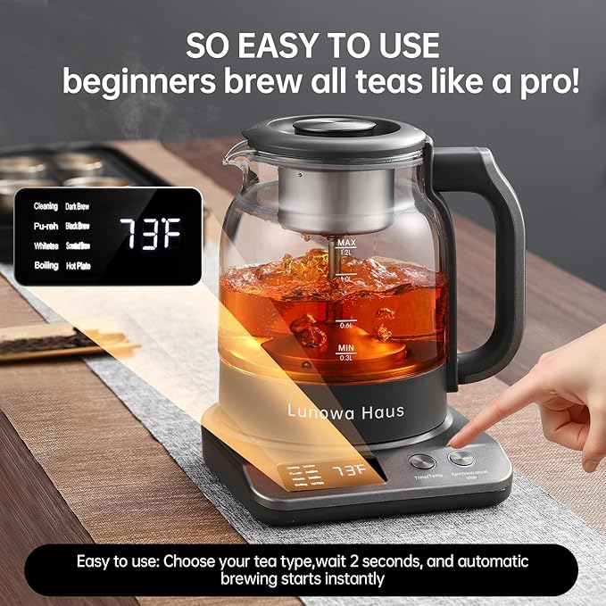 Rufus Titanium & Glass Electric Tea Kettle Tea Maker - Pro Steam Extraction, 11 Temp & 10 Strength Levels, Dry Boil Protection, 12H Auto Warm, 1.2L 600W 120V, BPA-Free with 1 Infusers