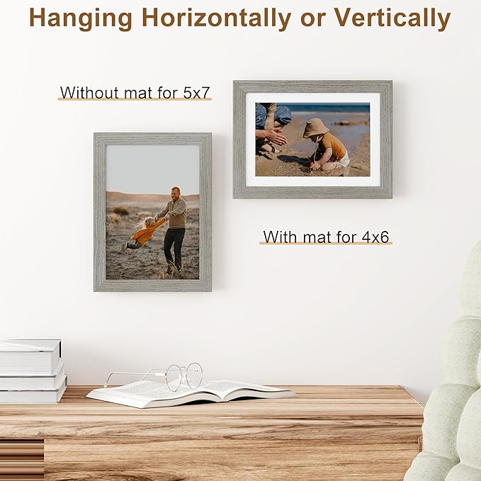 Vittanly 5x7 Picture Frame, Solid Wood Frame with Plexiglass, Includes 4x6 Mat, Wall Hanging or Tabletop for Home Decor, Grey, 1 Pack