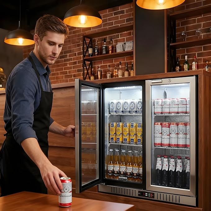 BODEGA BODEGACOOLER Back Bar Cooler With 2 Glass Doors,7.4 Cu.Ft Stainless Steel Commercial Back Bar Fridgewith LED Lighting, Counter Height Bar Beverage Cooler for Beer,Soda Drinks,Wine