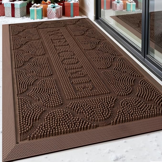 FRAMICS Front Door Mat Outside Entrance, Heavy Duty Rubber Door Mats Non-Slip Waterproof Welcome Doormat Outdoor, Low Profile Patio Doormats Dirt Trapper Indoor Mats for Entryway, 17x30 Inches, Brown