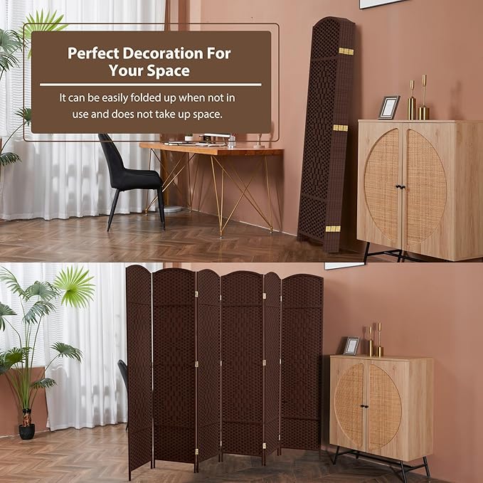 Duraspace 6 Panels Room Divider 6 FT Tall Weave Fiber Freestanding Double Hinged Extra Wide Folding Screen for Patio Privacy (Brown)