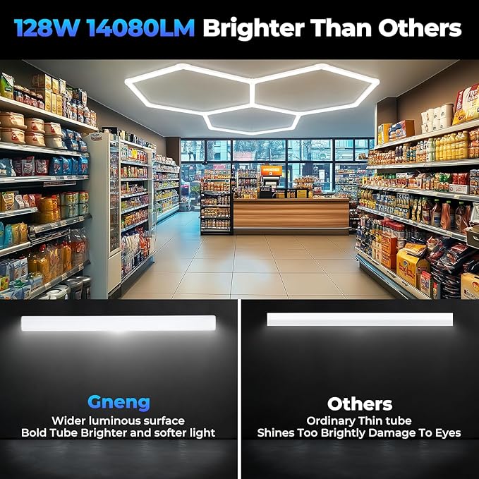 Hexagon Garage Lights-128W LED,5000K 14080LM Updated Bigger Size 16 Pack Lights for Car Detailing,Workshop,Basement,Gym,Bar