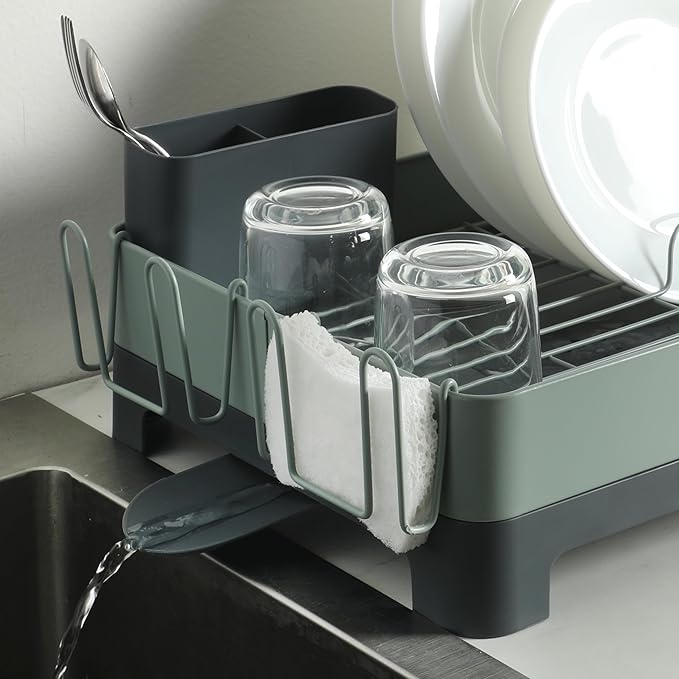 Gibson Home Nestcraft Full Size Rust Resistant Dish Rack with Drain Board and Flatware Caddy - Green