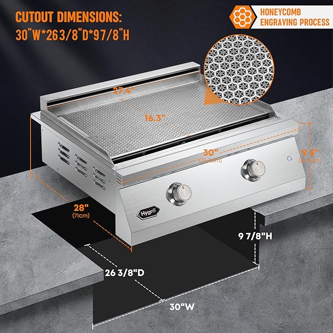 Hygrill 30-Inch Premium Built-In Liquid Propane Griddle for Outdoor Kitchen, Durable Stainless Steel 2-Burner Flat Top Grill with Lid and LED lights, 36000 BTUs