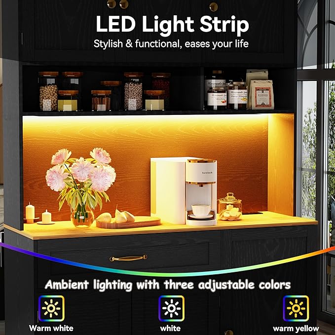 72" Kitchen Pantry Cabinet with LED Light and Charging Station Tall Pantry Storage Cabinet with Adjustable Shelves and Door Shelves Modern Kitchen Hutch with Countertop Black