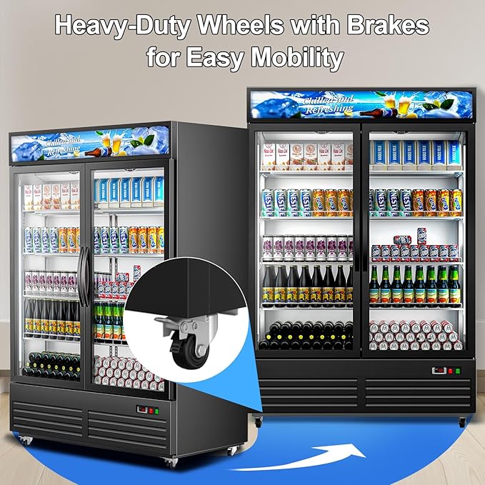 Tylza Commercial Refrigerator, Double Glass Door Display Beverage Fridge, 41.3 Cu Ft Upright Beverage Cooler Merchandiser with Replaceable Advertising Light Board, Rebound Door, Fast Cooling, Black