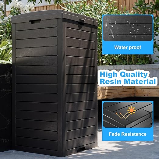 Outdoor Trash Can with Lid, Outdoor Trash Bin & Pull-Out Liquid Drawer, Dual Lid Closure Design, Waterproof Resin Garbage Can Container for Patio, Backyard, Deck (Black, 38Gallon)
