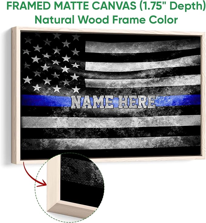 Personalized Police Poster & Framed Canvas, American Flag With Blue Line Home Office Decor, Custom Name Bedroom Living Room Aesthetic Wall Art Gift For Law Enforcement, First Responder