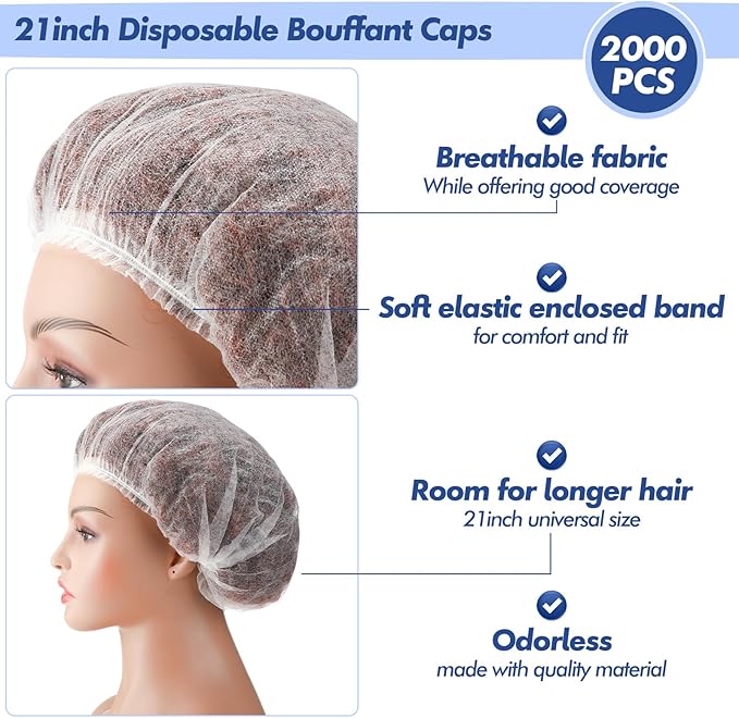 Yahenda 2000 Pcs Disposable Hair Nets Bulk 21 Inch Non Woven Bouffant Caps for Food Service Cooking Medical Salon Spa Beauty