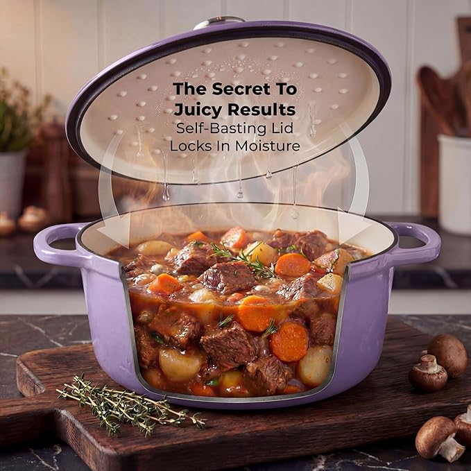 Zulay Kitchen 6 Quart Enameled Cast Iron Dutch Oven Pot with Lid – Premium Durability & Oven Safe up to 500°F – Heavy Duty Cookware Perfect for Bread Baking, Stews, Braising & Roasting – Lavender Jade