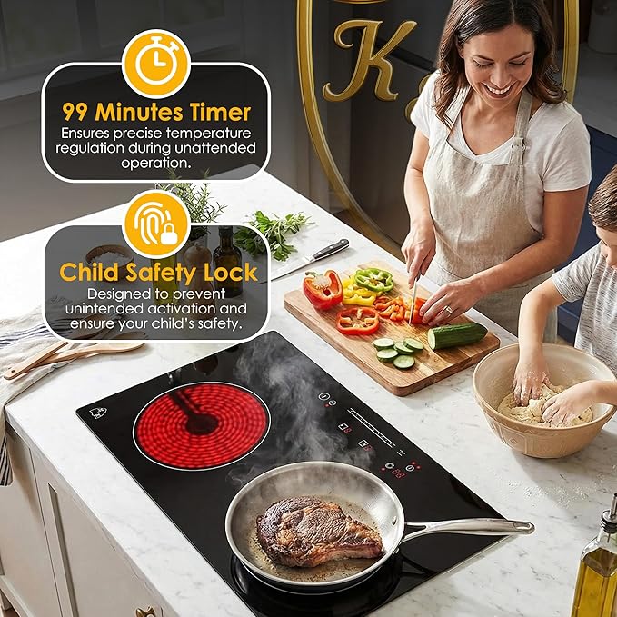 K&H Dual Radiant Electric Cooktop - 12 Inch Built-In Electric Stove Top with 9 Heating Levels - 240V, 3400W Built-in Radiant Ceramic Glass Cooktop - Touch Control, Timer & Child Lock, HCC-3402