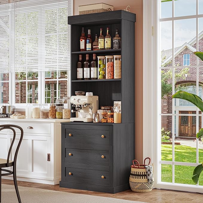 71" Tall Farmhouse Kitchen Pantry, Large Storage Cabinet with Drawers, Freestanding Coffee Bar Hutch with Microwave Stand, Adjustable Shelves for Kitchen, Living Room, Black 3 Pcs
