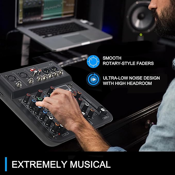 4 Channel mixer, DJ Mixer Board with Bluetooth and Usb, Audio Sound Card with Interface Recording and 48V Phantom Power, Sounds Mixer Board with FX Reverb Delay Effect for Streaming
