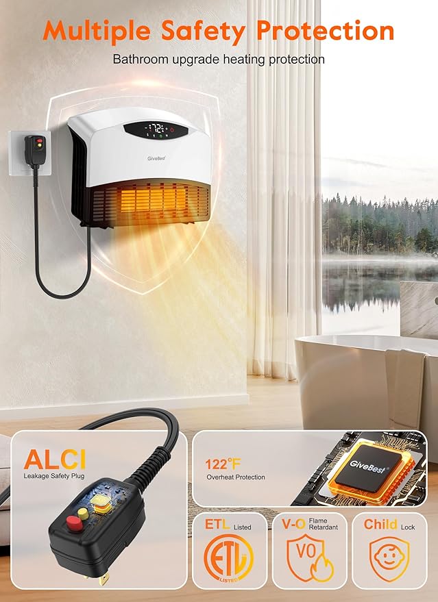 GiveBest Electric Wall Heater, 1500W Smart Wall Heater for Bathroom, Wall Mounted Heaters with Thermostat, Remote Control, 12H Timers, Compatible with Alexa, with ALCI Plug