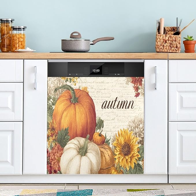 Fall Pumpkins Beige Dishwasher Magnet Cover Front Door Magnetic Dishwasher Cover Decorative Refrigerator Magnet Covers Dishwashers Magnetic Sticker for Home Kitchen Decor, 23" x 26"