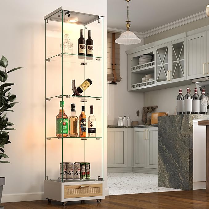 Yoluckea 4 Tiers Glass Display Cabinet with LED Lighting and Drawer, 1 Door Floor Standing Curio Cabinet with Wheel for Home, Office, Corner Display, White Glass Bookshelf for Collections and Decor