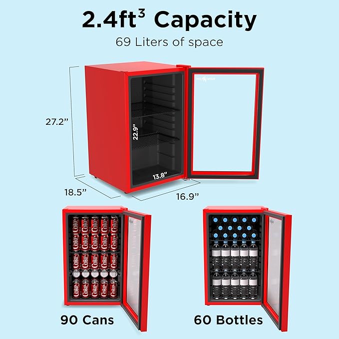 Premium Undercounter Glass Door Mini Fridge, 69L Compact Beverage Fridge with 90 Can Capacity, 2.4 Cu.ft. Freestanding Drink with Glass Door, Compact refrigerator with Reversible Door
