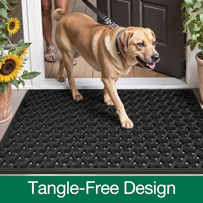 LUMI Outdoor Doormat 19x30, Front Door Mat Outside Entrance, Heavy Duty Rubber Welcome Exterior Door Mat Non Slip Waterproof, Outdoor Rubber Mats with Drainage Holes, Easy Clean Entryway Mats, Black