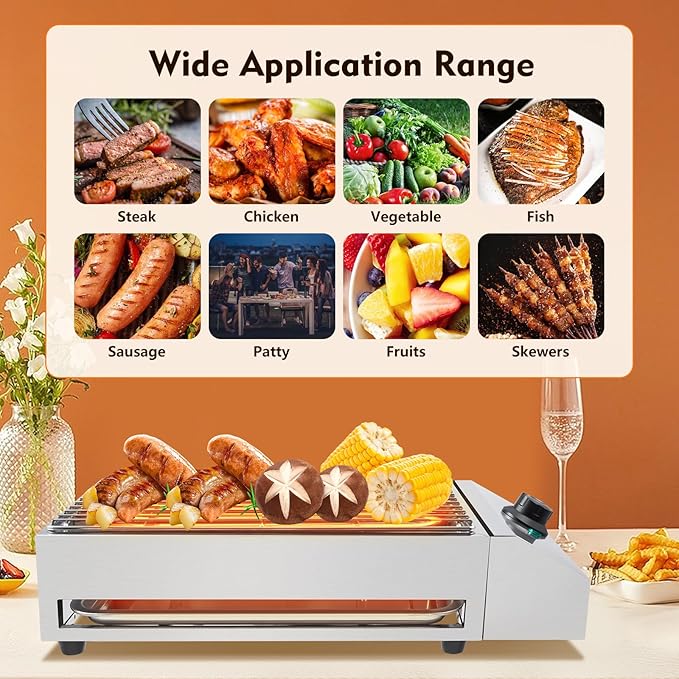 1800W Countertop Electric BBQ Grill Stainless Steel Party Grill Electric Barbecue Cooking Machine, Smokeless Party Grill Barbecue Tool, Fits Home Camping