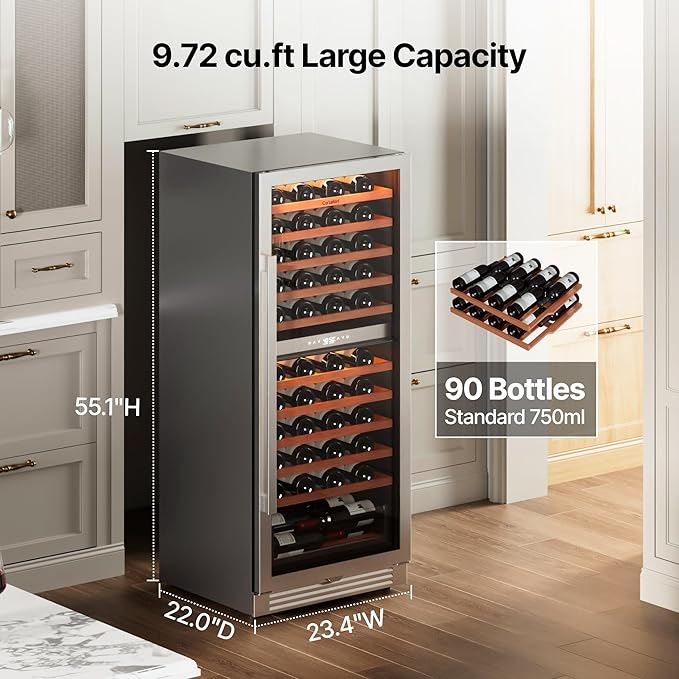 Ca'Lefort 24 Inch Wine Fridge - 90 Bottle Dual Zone Wine Cooler with Glass Door, 40-65°F Quiet Wine Refrigerator with Bottom Drawer 3 LED Light Built-in for Home/Bar/Kitchen Right-Hinged Door