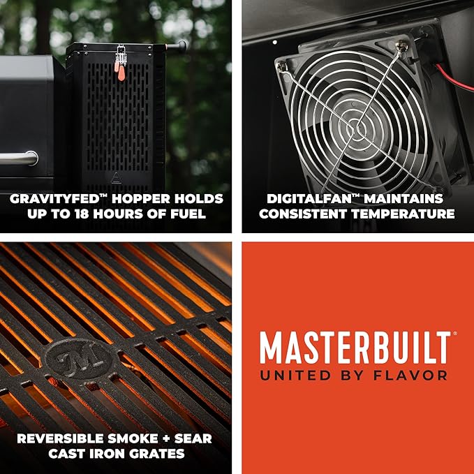 Masterbuilt® Gravity Series® 600 Digital Charcoal Grill and Smoker,WiFi Technology, GravityFed™ Charcoal Hopper, 600 Cooking Sq. Inches, Reversible Smoke&Sear Cast Iron Grates, Black, Model MB20041023