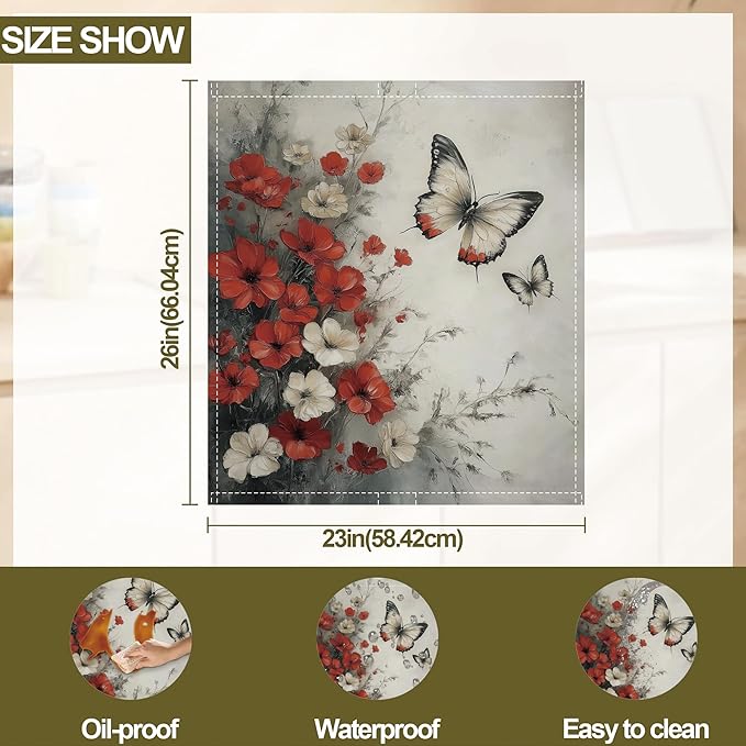 Butterfly Dishwasher Magnets Decorative Cover,Red White Flowers Magnet Fridge Panel Decal for Home Kitchen Decor,23x26 in