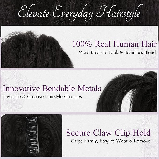 BARSDAR Claw Clip Short Human Hair Ponytail Extension with Bendable Metals - DIY Styles 8 Inch Real Human Hair Messy Bun Hairpieces for Women - Thick Natural Short Black Ponytail Daily Wear