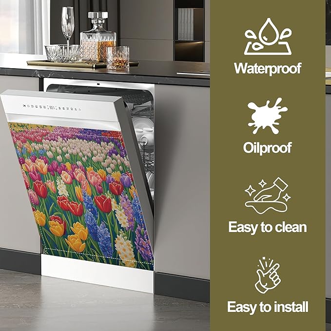 Colorful Tulips Magnetic Dishwasher Cover,Dishwasher Covers for The Front Magnetic Dishwasher Panel Decal Cover for Kitchen 23x26inch