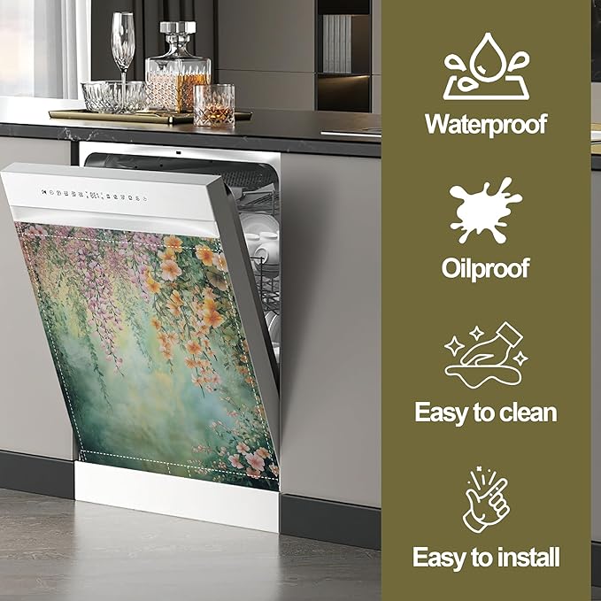 Dishwasher Magnet Cover,Abstract Flowers Dishwasher Cover Magnetic Spring Floral Home Appliances Refrigerator Decorative 23" x 26"
