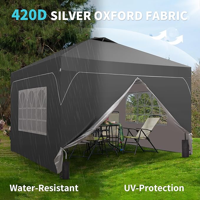 Saemoza 12x12 Pop Up Canopy Tent with One Push Setup, Outdoor Sun Shade Canopy with Vent Top for Backyard Party, Easy Up Instant Shelter with 4-Sandbags & Wheel Bag, Grey.